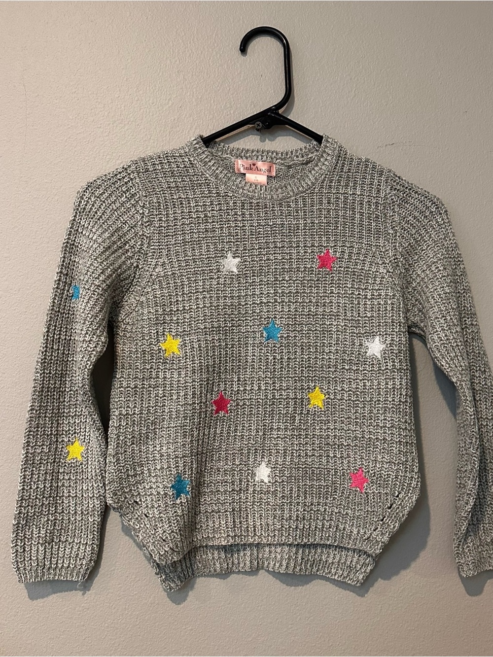 Pink & Blue Star Embroidered Gray Knit Sweater for Kids